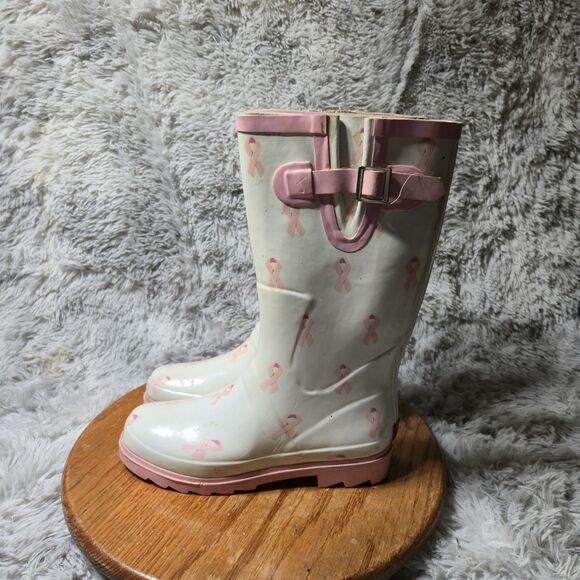 Chooka Women Size 7 White Breast Cancer Suppot Pink Ribbon Rubber Rain Boots - Picture 1 of 12